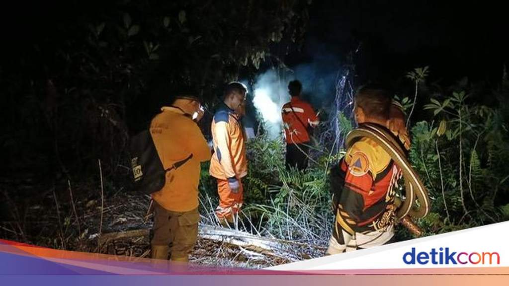 Petugas BPBD Kobar menggunakan senter memadamkan api karhutla di kebun sawit pada malam hari