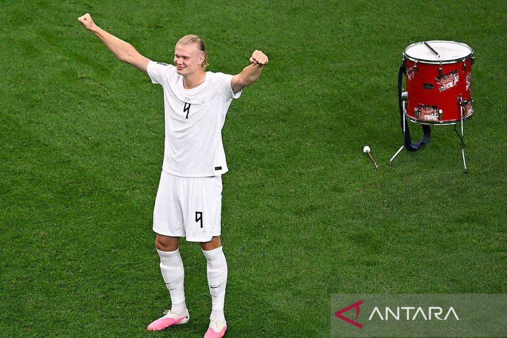 Striker Norwegia Erling Haaland merayakan gol ke gawang Brasil di Piala Dunia 2026