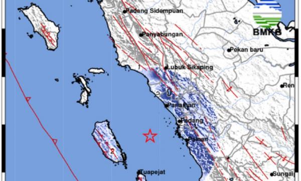 Peta guncangan gempa bumi Magnitudo 4,7 di wilayah barat daya Padang Sumatera Barat